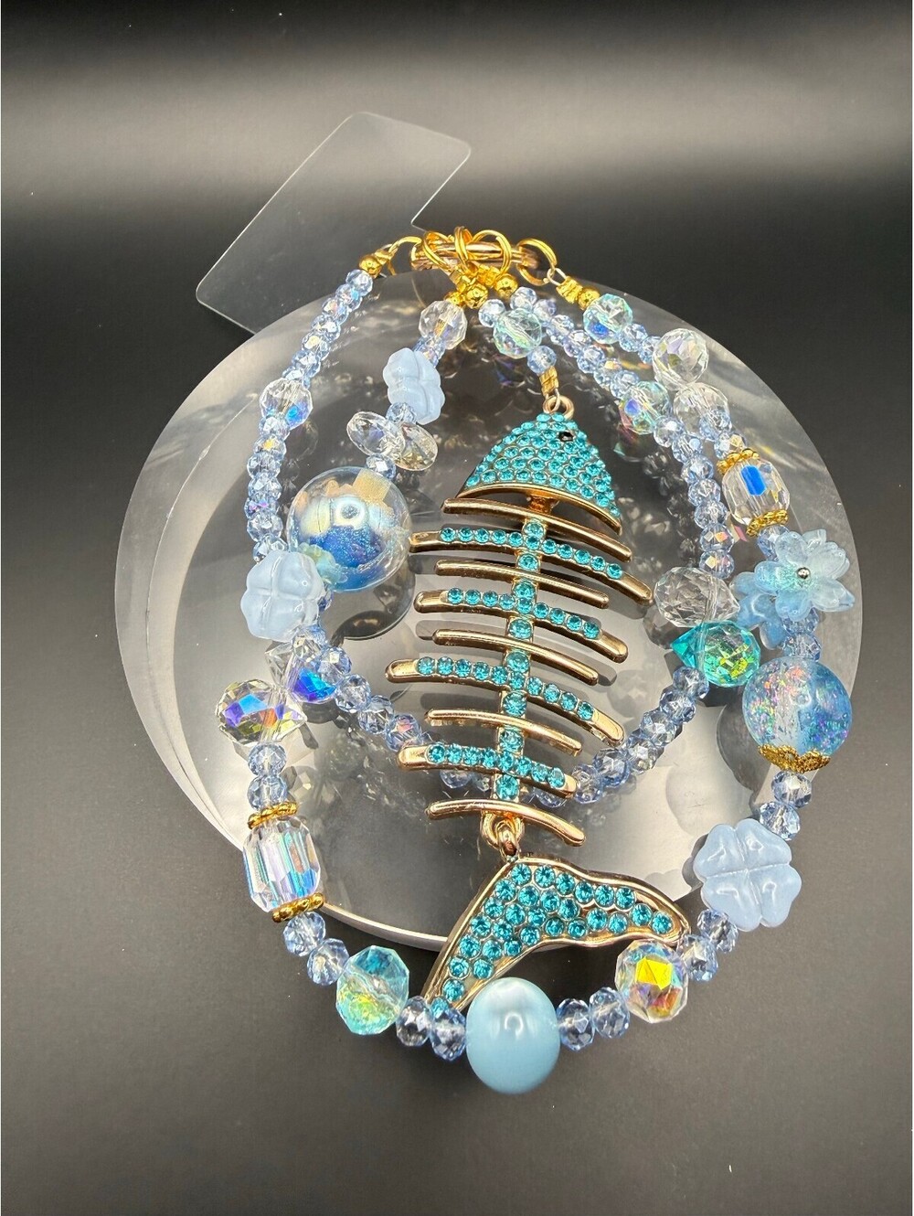 Candy+Clover Blue Pave Articulated Fish Bag Purse Phone Charm Chain Strap